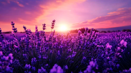 Lavender field glows under vivid magenta sunset sky.