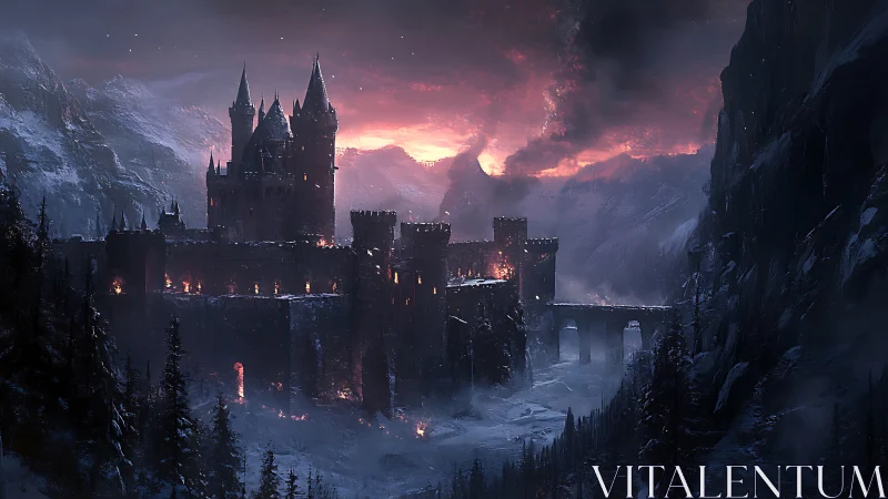 Storm-lit mountain fortress glows against a frozen twilight sky
