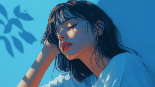 Sunlit woman rests in blue shadow with closed eyes