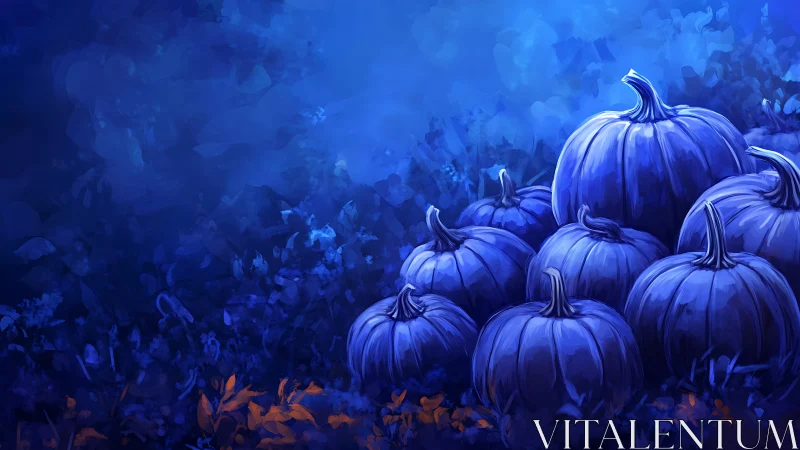 Moonlit blue pumpkins cluster under deep night sky.