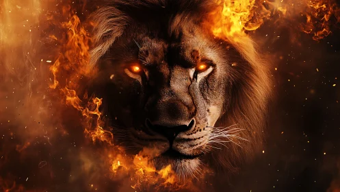 Lion head engulfed in fire with glowing ember eyes.