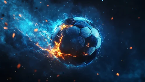 Soccer ball rendered with contrasting fire and blue energy effects