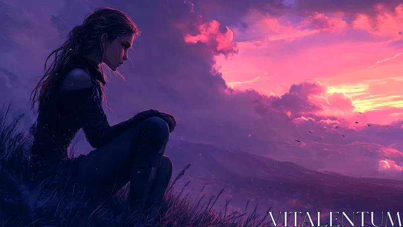 Solitary warrior contemplates under a blazing violet sunset