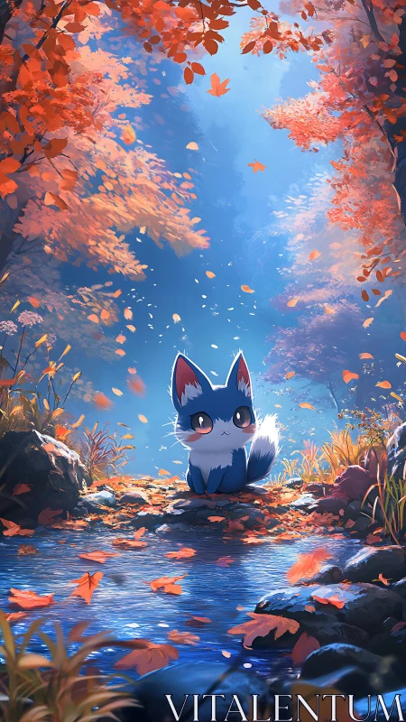 Gentle blue fox rests by a sparkling autumn forest stream