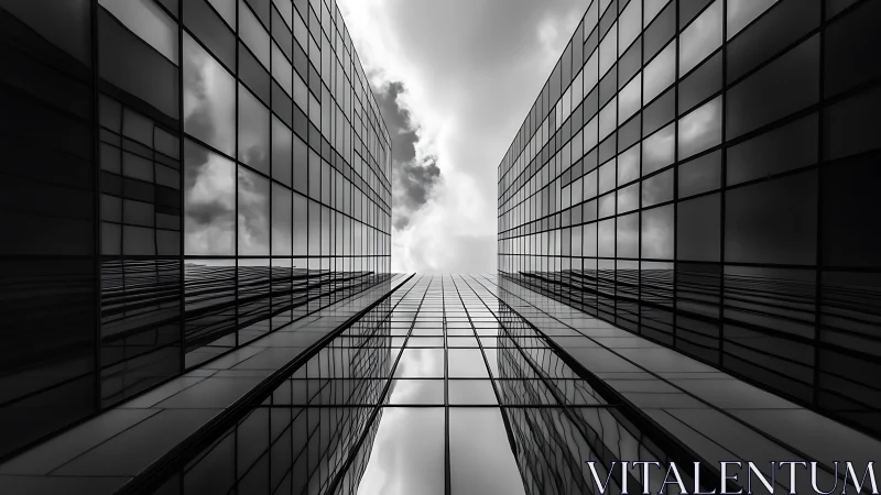 Mirrored city canyon pulls stormy sky into strict symmetry