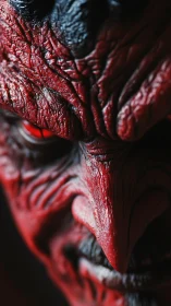 Demonic red face fills frame with extreme wrinkled detail