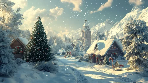 Snow-covered alpine village with decorated Christmas tree at dusk