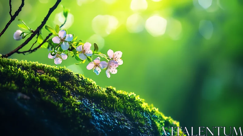 Delicate white blossoms on moss-covered branch with bokeh background rendering