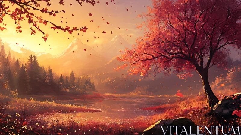 Autumnal alpine lake under volumetric dusk illumination.