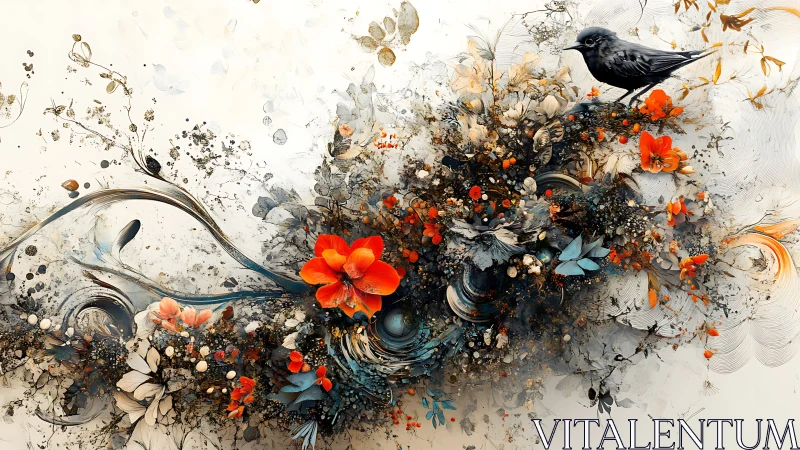 Blackbird perches above luminous abstract floral cascade.