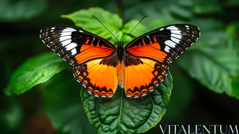 Orange black butterfly spreads vivid wings on green leaf.