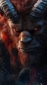 Horned demon portrait glows with embers and molten eyes