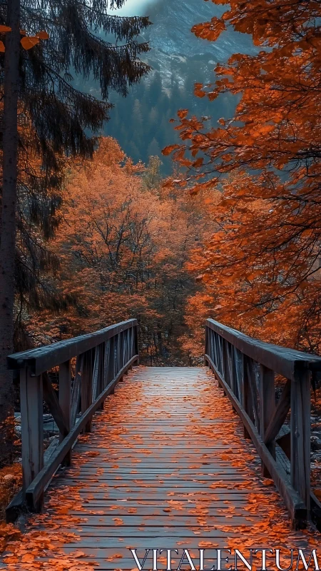 Wooden footbridge leads through saturated autumn forest corridor