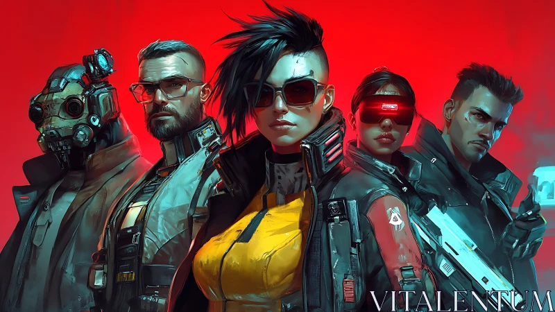 Cyberpunk mercenary squad under neon red backlight.
