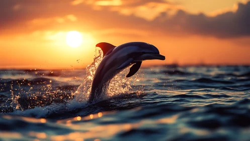 Sunlit dolphin arcs through golden ocean sunset seascape.