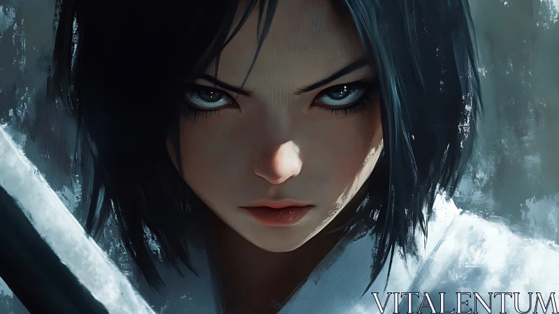 Stoic swordswoman portrait with intense icy gaze.