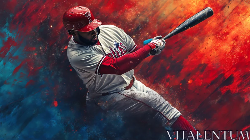 Baseball batter swings powerfully through blazing abstract field