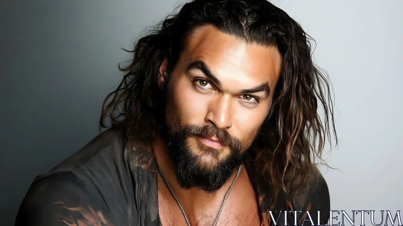 Bearded man with long wavy hair under soft studio light.