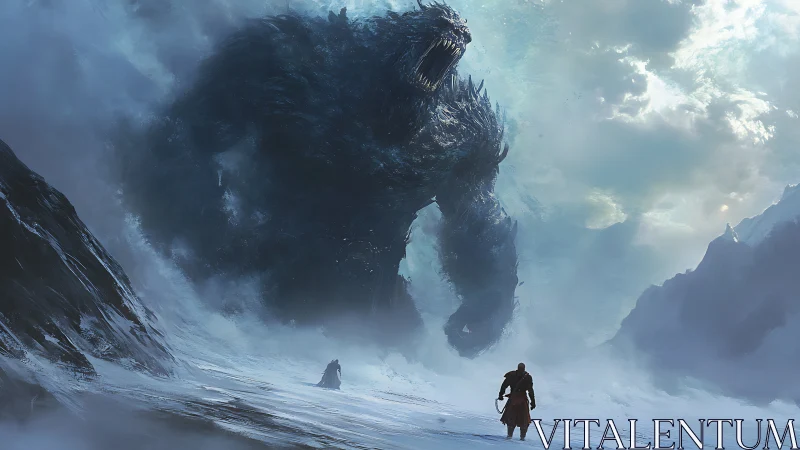 Stormborn ice colossus confronts lone warrior in tundra.