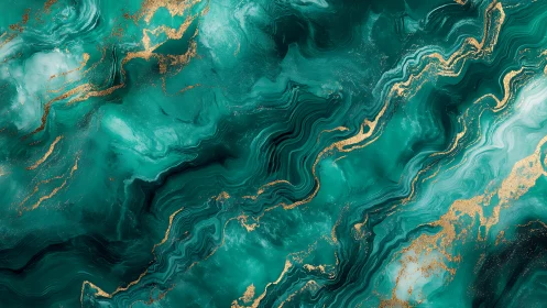 Digital painting of teal marble strata with gilded accents.