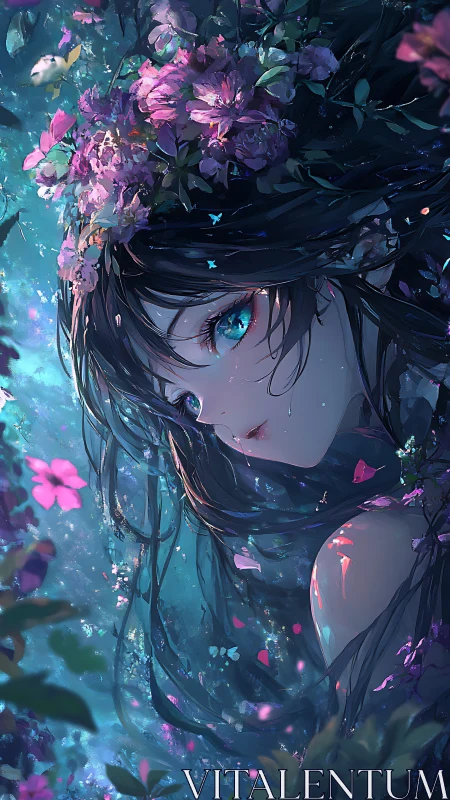 Moonlit garden muse with ocean eyes and drifting petals.