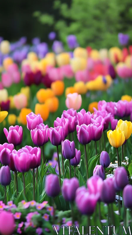 Chromatic Tulip Field Composition: Magenta Foreground Against Unfocused Floral Background
