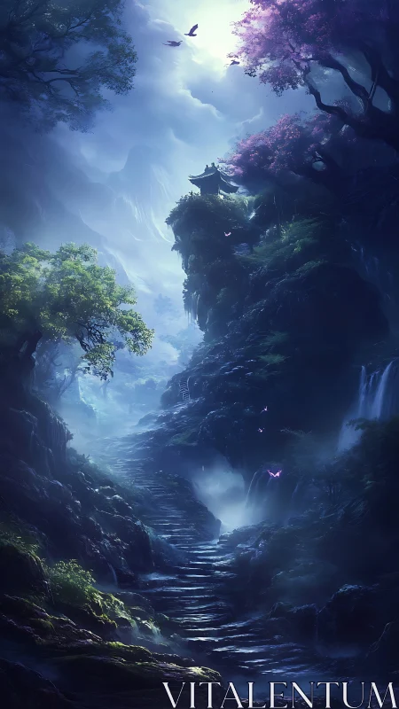 Moonlit forest stairway to a hidden mountain temple.