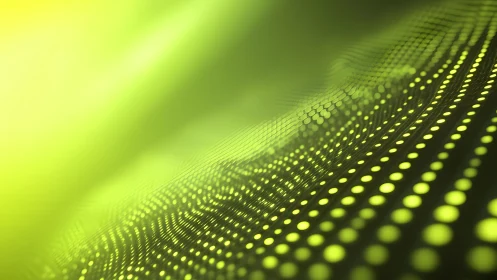 Abstract green wave of glowing dots in digital futuristic style.