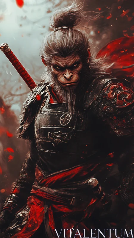 Warrior monkey king in bloodlit armor amid swirling embers.