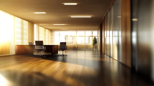 Sunlit modern office interior shows empty desks and chairs
