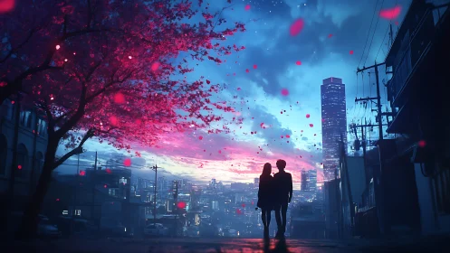 Silhouetted couple under neon sakura overlooking dusk cityscape