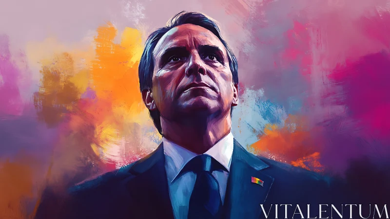 Digital portrait of solemn suited leader against vivid sky.
