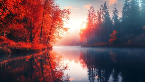Crimson autumn forest mirrors across misty sunrise lake.