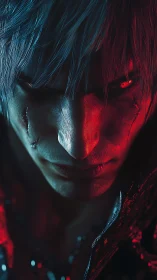 Storm-eyed antihero in electric red and blue shadows.