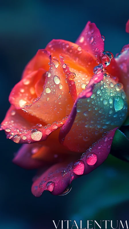 Rose with dewdrops illuminated by warm light against deep teal background.