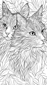 Two Long-Haired Cats in Intricate Line Work.