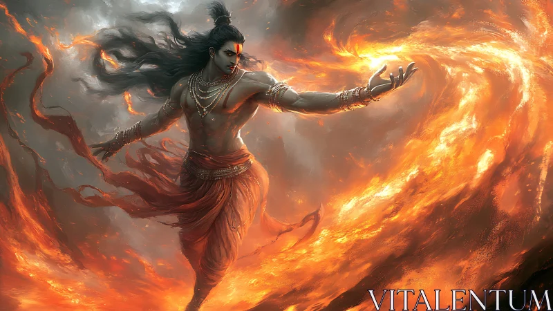 Fire-wreathed warrior demigod bending a storm of embers.