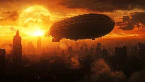 Dirigible over dense megacity at solar-infused sunset sky