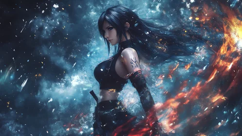 Female warrior in dark outfit amid swirling fire and ice.
