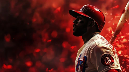 Baseball batter in red helmet against abstract red background.
