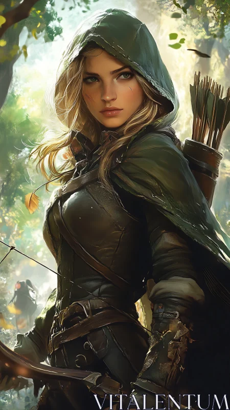 Hooded elven archer standing alert in a sunlit forest.