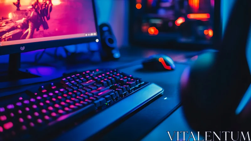 Neon-lit gamer battlestation humming in electric twilight.