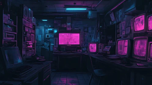 Neon-lit retro control room glows with eerie cyberpunk tension
