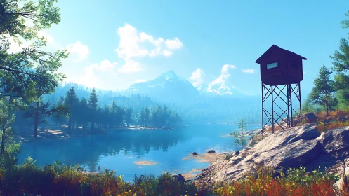 Still lake morning with a quiet forest lookout tower.