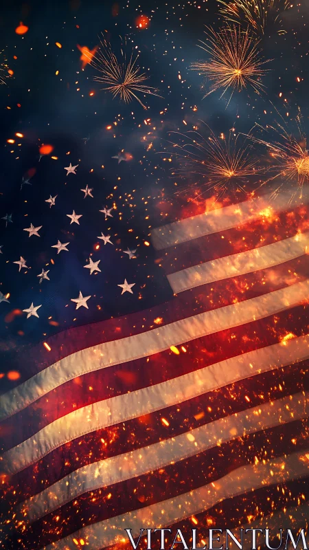 United States flag with fireworks and ember particles overlay