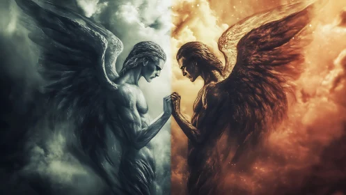 Opposing dark angels clash amid divided storm sky.