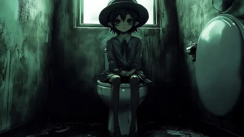 Solitary child in haunted restroom glow of emerald dread.