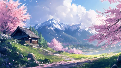 Mountain valley cottage framed by luminous spring cherry blossoms