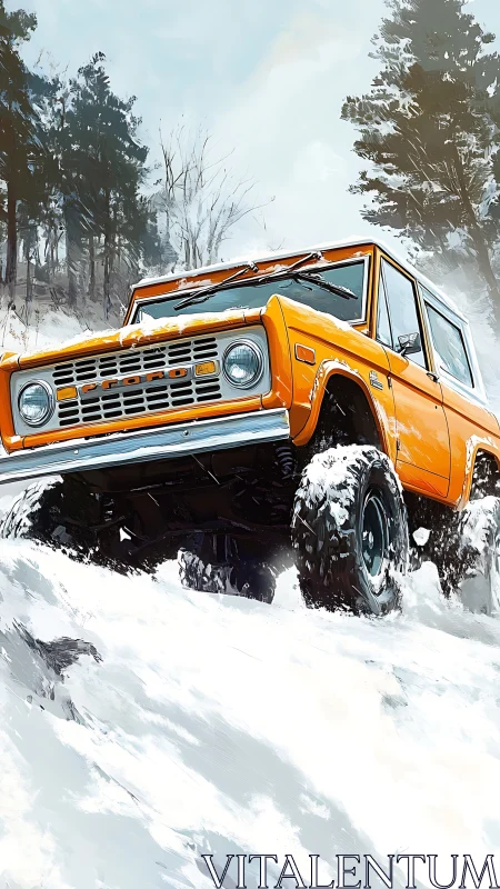 Retro orange off-roader climbs a frosted mountainside trail