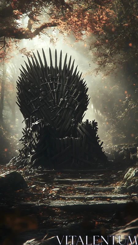 Sword-forged throne in misted forest clearing, digital painting.